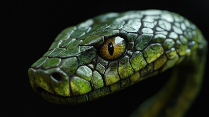 Green snake head closeup, black background, reptile detail, wildlife photography