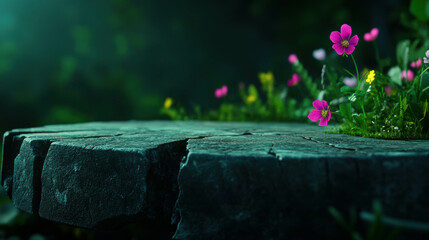 Obraz premium Abstract nature scene with cracked stone surface and wildflowers for design