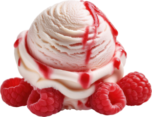 Delicious Raspberry Ice Cream Scoop with Fresh Raspberries and Sauce Drizzled