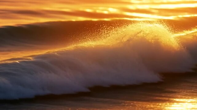 Schaumige Wellen rollen im Sonnenuntergang an den Strand