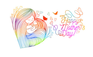 Mother with daughter graphics heart and love colored. Happy Mother's Day card. hand drawn. Not AI, Vector illustration