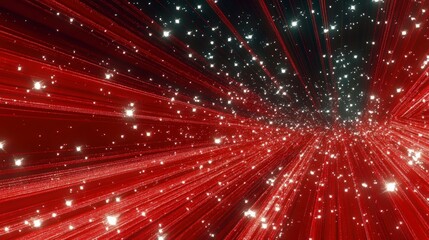 Naklejka premium Red Cosmic Radiance: A breathtaking digital artwork of a vibrant red space nebula with sparkling stars and light trails. An abstract representation of the cosmos.