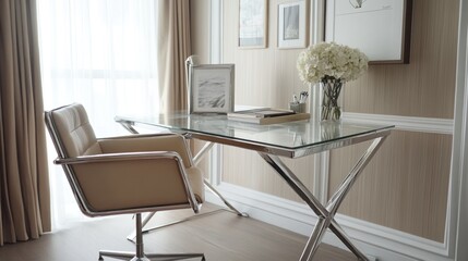 Modern Glass Desk With Beige Chair And White Flowers