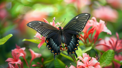 Butterfly sitting on pink blooming flower. Common Mormon, Papilio polytes, beautiful butterfly from Costa Rica and Panama