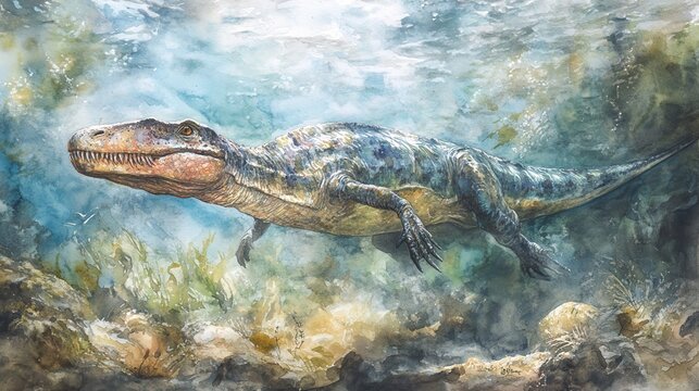 Dakosaurus, a prehistoric marine reptile of the Jurassic and Cretaceous, is vividly portrayed in this high-resolution watercolor painting.