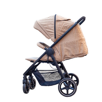 Beige baby pushchair stroller isolated on transparent background, side view