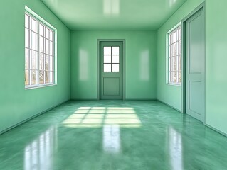 An empty green interior room with doors and large windows