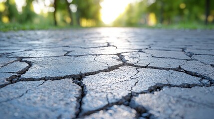 Obraz premium Cracked asphalt path in a park. Sunlight shines through trees