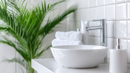 Fototapeta premium Modern bathroom interior with white sink faucet and green plant