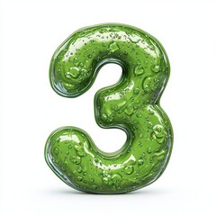 Number 3 with a gooey green slime texture filled with glitter, isolated on a pure white background