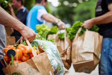 Volunteers drop off bags of groceries at a community food drive, A food drive event with people dropping off bags of groceries