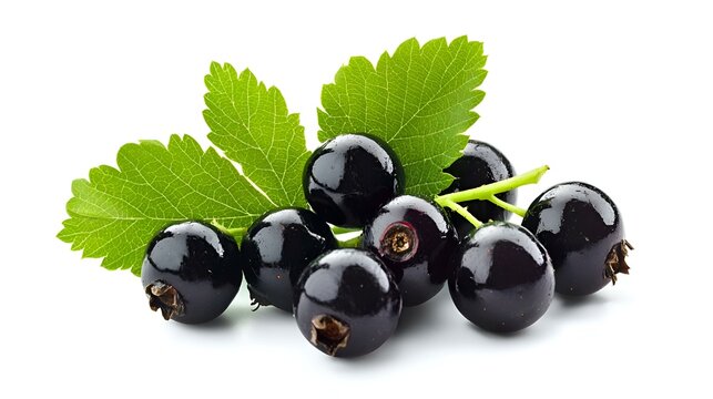 Buah Blackcurrant Segar Matang Dengan Daun Hijau Terisolasi Dengan Latar Belakang Putih