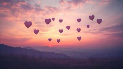 Fototapeta premium Heart Shaped Balloons Soar Above Sunset Mountains