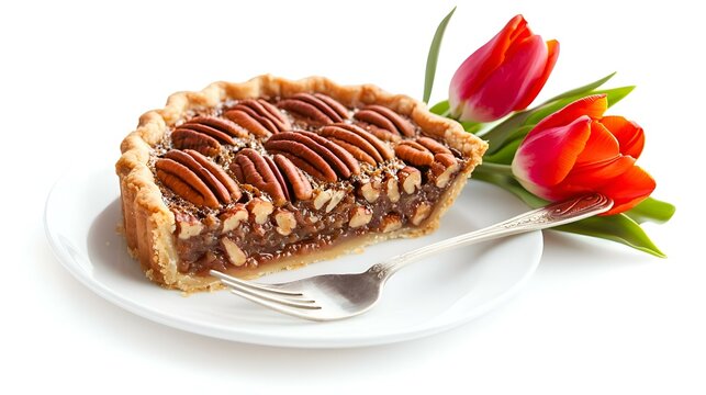 Sepotong Pie Pecan Lezat dengan Bunga Tulip Merah Terisolasi dengan Latar Belakang Putih