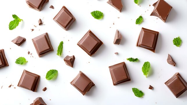 Cokelat Potongan Dan Daun Mint Segar Tersebar Rata Terisolasi Dengan Latar Belakang Putih