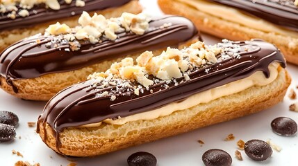 Chocolate Eclairs with Nuts isolated on white background