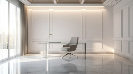 A modern home office with a bright and open feel, featuring white walls, a light wood coffered ceiling, and a marble floor with gray veins