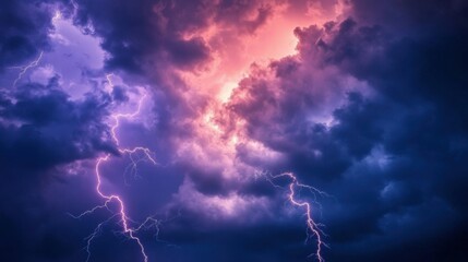 Fototapeta premium Dramatic Storm Clouds with Lightning Striking in Electric Purple Sky