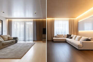 Before and after renovation of a modern apartment in Saint Petersburg showcasing sleek design and minimalist decor Generative AI