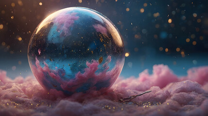 StunningGender Reveal Celebration - Mystical Glowing Orb with Pink and Blue Mist, Ethereal Golden Sparkles in a Dreamy Celestial Environment