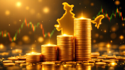 Indian Rupee Coin Stacked with Stock Market Growth Chart and Investment Concept for Financial Success.