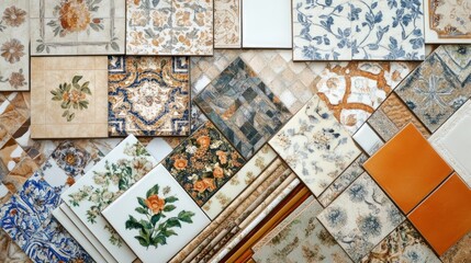 Collection of various decorative and floral patterned ceramic tiles