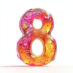Number 8 with a glowing jelly texture and dramatic bubbles, isolated on a pure white background