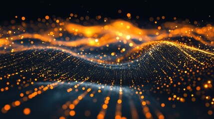 Generative AI illustration of sine. waves and particles on dark background, in the style of light gold and orange, technological design, dotted, tilt shift, kinetic lines, acoustic curves, wallpaper