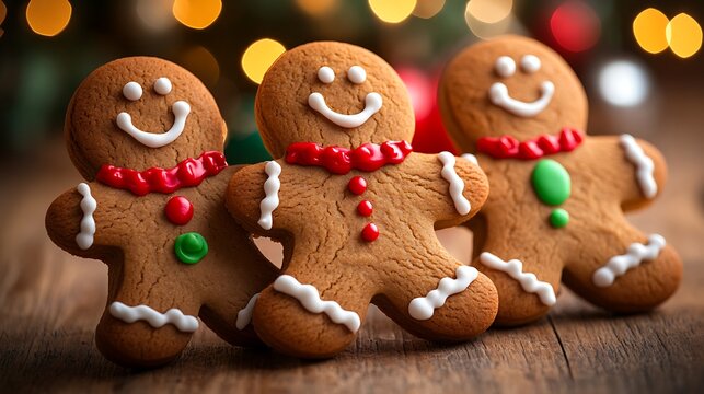 Gingerbread cookies with festive lights, table - Powered by Adobe