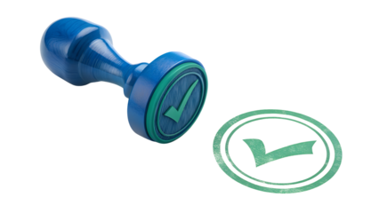 Blue Rubber Stamp with Green Check Mark for Approval and Verification Processes