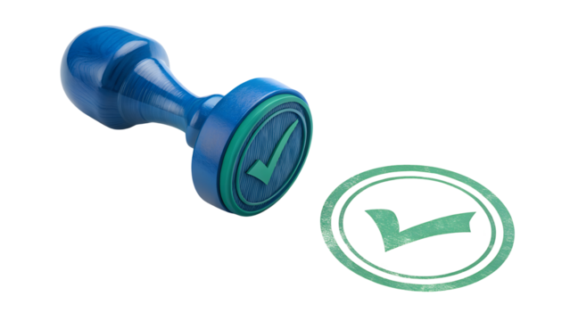Blue Rubber Stamp with Green Check Mark for Approval and Verification Processes