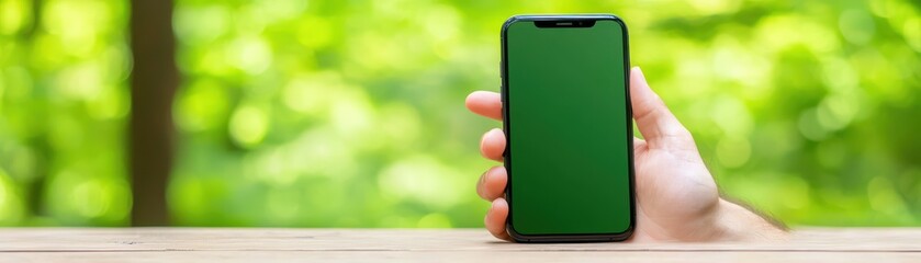 Person Relaxing Outdoors Holding Smartphone with Green Screen in Nature Background