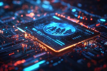 Obraz premium Futuristic holographic display of a credit card with human figures and circuits