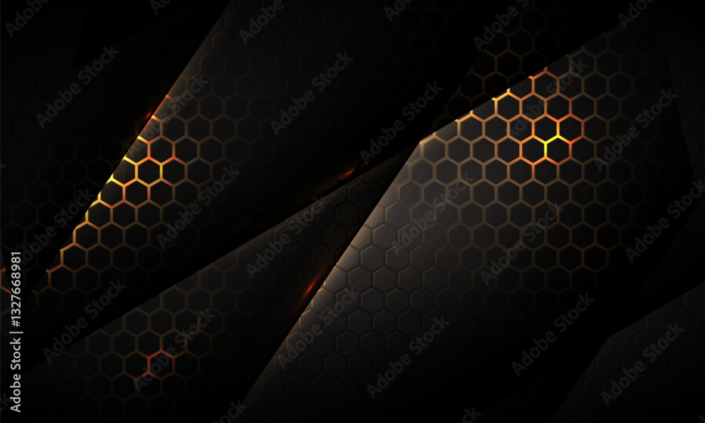 Poster Dark hexagon gaming abstract vector background with yellow and orange colored bright flashes. Vector illustration with honeycomb texture grid