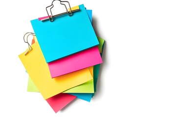 Stack of Colorful Sticky Notes with Paper Clips isolated on white background
