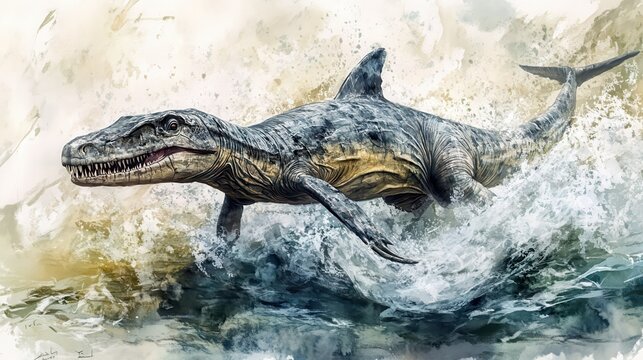 Dakosaurus, a prehistoric marine reptile of the Jurassic and Cretaceous, is vividly portrayed in this high-resolution watercolor painting.
