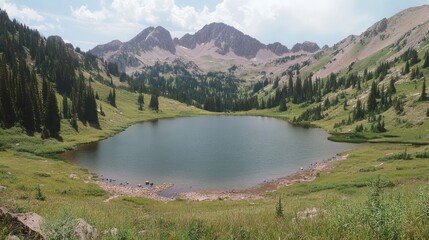 Mountain Lake Nestled Among Majestic Peaks and Verdant Slopes