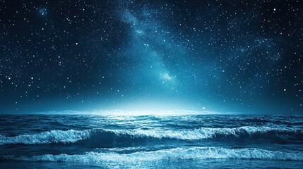 Wavy ocean reflects starry night sky under dreamy blue light