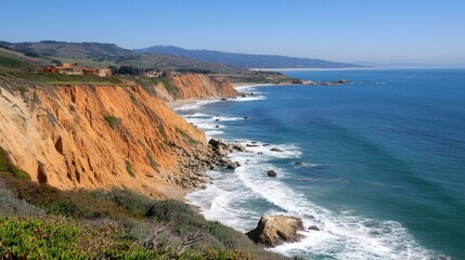 Obraz premium Coastal Cliffs and Ocean Landscape with Homes