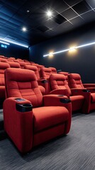 View of plush red cinema seats with a focus on fabric texture, set in a contemporary theater environment with a dark ambiance