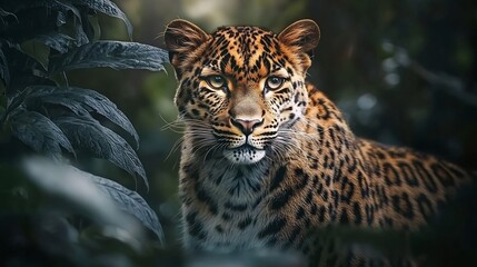 Obraz premium Beautiful leopard portrait golden fur intricate rosette markings and a fierce gaze The blurred jungle background enhances its stealthy and elegant presence