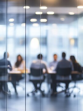 people, work and corporate concept - blurred background with business team meeting at office behind glass wall