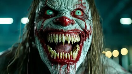 Sinister clown grins menacingly in a dark, eerie setting during a horror film scene