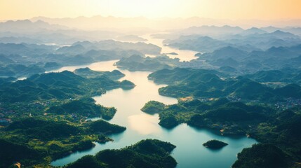 Obraz premium Serene Aerial View of Mountainous Landscape at Sunrise Over Lake