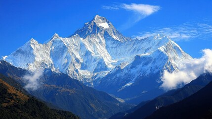Majestic snow capped Himalayan mountain range peak