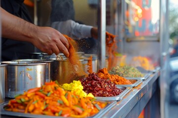 Obraz premium A street food vendor sprinkles spices onto a variety of colorful dishes in a bustling city market, Pungent spices and tantalizing aromas emanating from a food truck