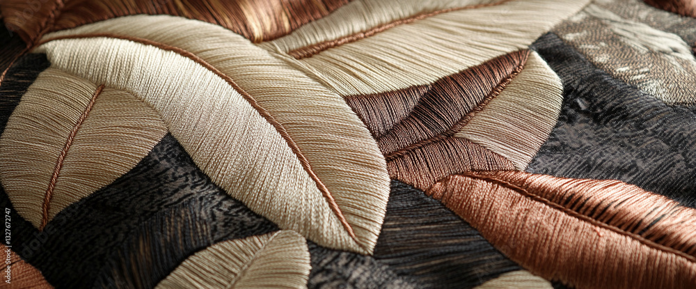 Poster Close-up of beige and brown embroidered leaf pattern on textile, showcasing intricate stitching and texture, representing elegance and craftsmanship, ideal for background or design element