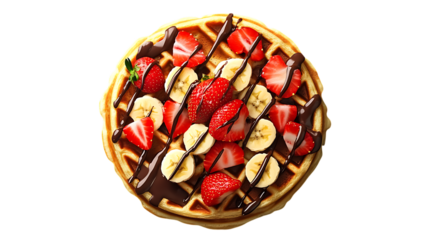 A golden waffle with banana, strawberries, and drizzled chocolate, presented in an artistic top-view composition, soft lighting, transparent background