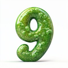 Number 9 with a gooey green slime texture filled with glitter, isolated on a pure white background