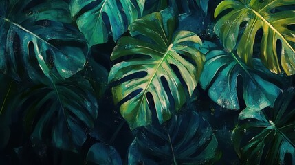 Abstract art tropical leaves background vector. Wallpaper design with watercolor art texture from palm leaves, Jungle leaves, monstera leaf, exotic botanical floral pattern.